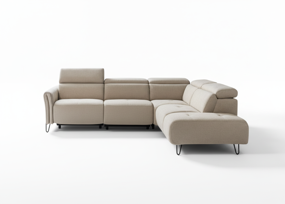 Ginzo fabric corner sofa, recliner or fixed, with manual or electric adjustable headrests